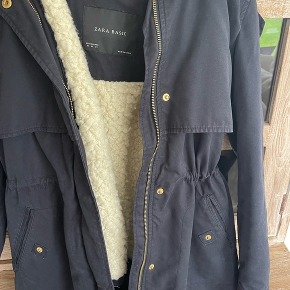 Zara navy drawstring coat with shearling lined removal vest - Picture 10 of 14